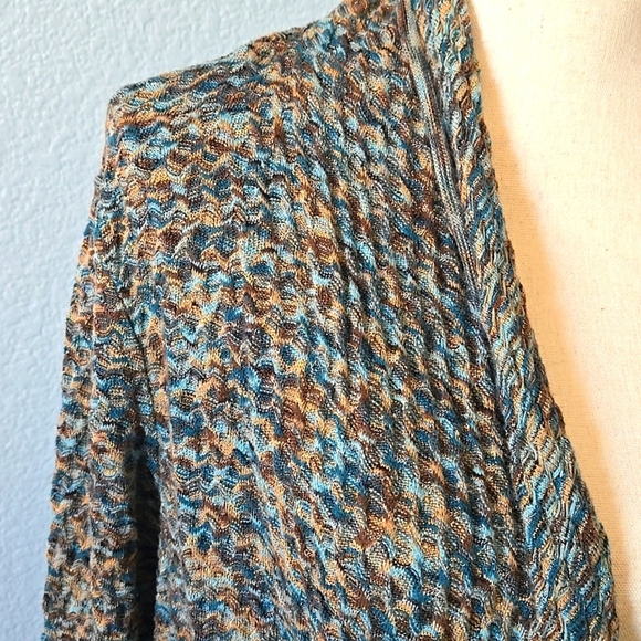 ZOZO Open Front Waterfall Cardigan Waffle Texture Blue Brown Sz Large - Picture 4 of 13